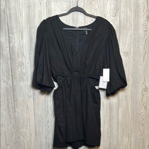 Women’s 1. State 3/4 Sleeve V-Neck Linen Blend Cutout Ring Detail Romper Large